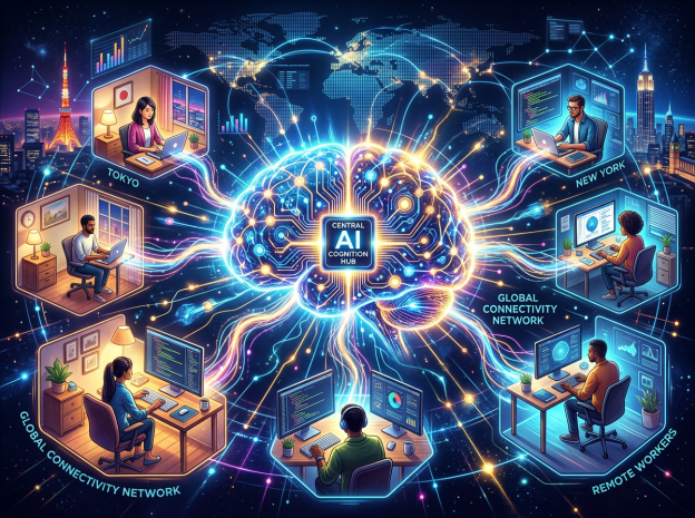 Illustration of global remote workers connected via AI central cognition hub