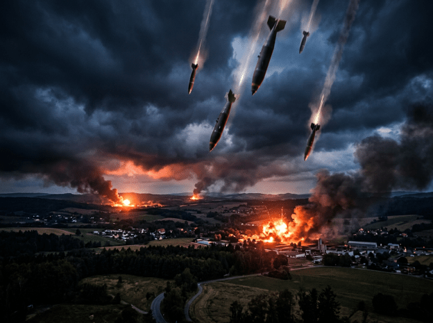 Several bombs falling from the sky onto a rural area with fires and thick black smoke
