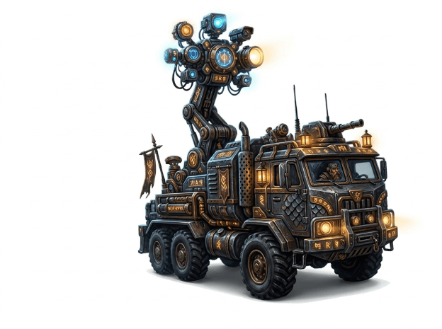 Armored steampunk truck with multiple cameras and lights on a rocky mountain road at night.