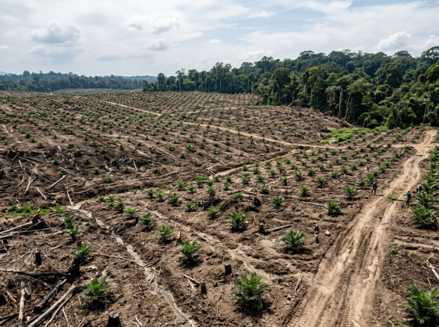Expansive cleared soil area with rows of young palm plants and surrounding forest