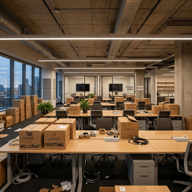 Office desks with many labeled cardboard boxes and office equipment