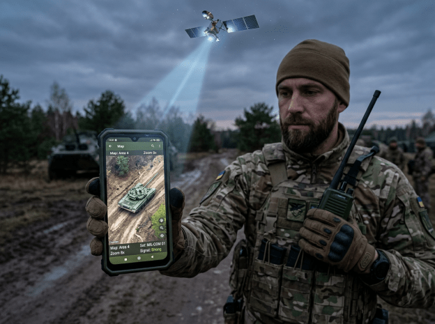 Soldier holding a smartphone showing a map with a tank and radio device while standing outdoors.