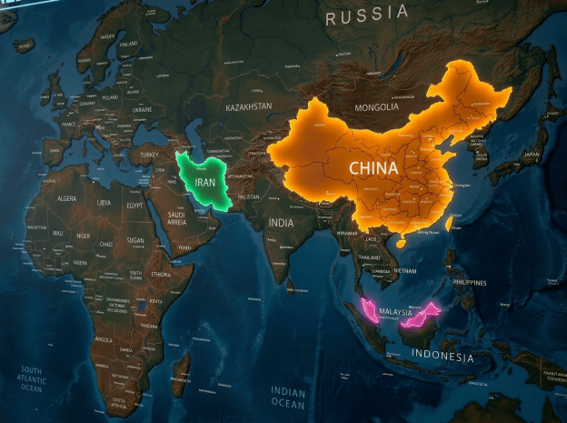 World map with China in orange, Iran in green, and Malaysia in blue highlighted