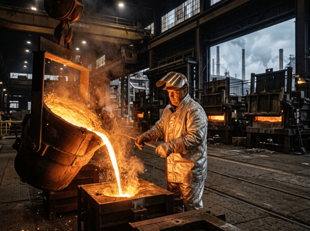 Worker in protective gear pouring molten metal into mold in foundry