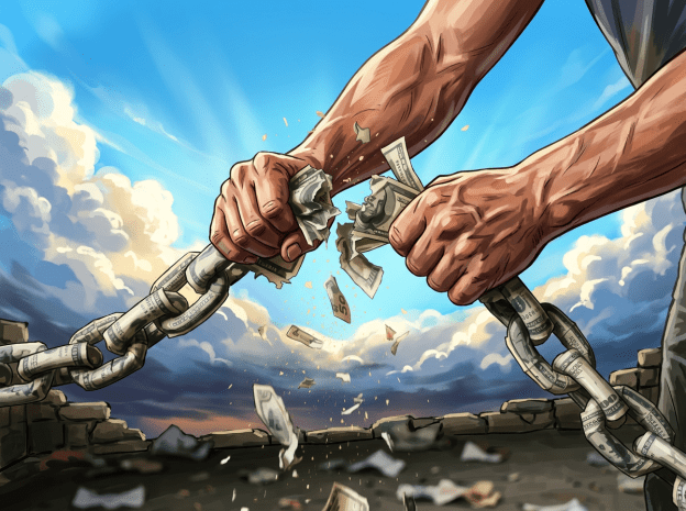 Hands tearing apart a chain made from dollar bills
