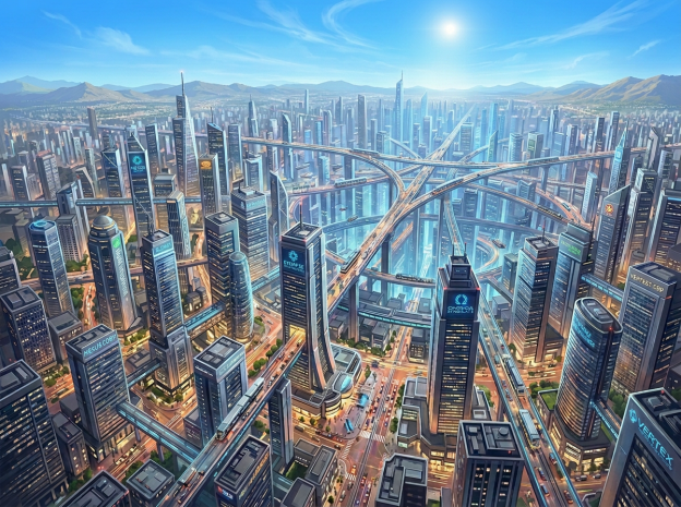 Futuristic illuminated city with elevated circular spaceport at twilight