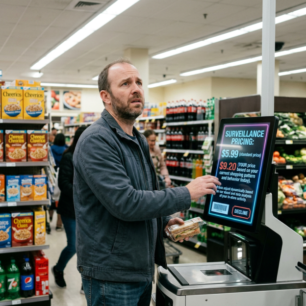 Shopper holding sandwich beside screen reading SURVEILLANCE PRICING: $5.99 standard price, $9.20 your price based on shopping pattern and behavior today, with DECLINE button.