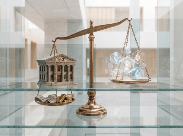 Balance scale with BANK building and cryptocurrency symbols, including Bitcoin and Ethereum