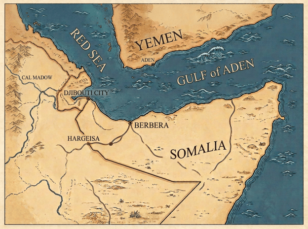 Illustrated map of the Horn of Africa coast, Red Sea, Gulf of Aden, and Somalia