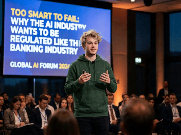 Young presenter with unruly blond hair
