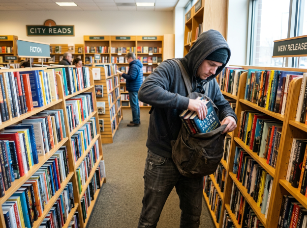 Hooded person placing books into a bag between library shelves