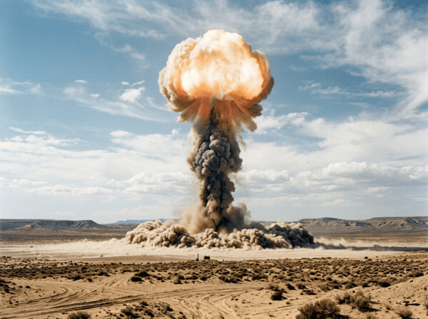 Mushroom-shaped explosion rising over a barren desert landscape