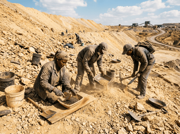 Workers manually sorting rocky material at an open-pit mining site